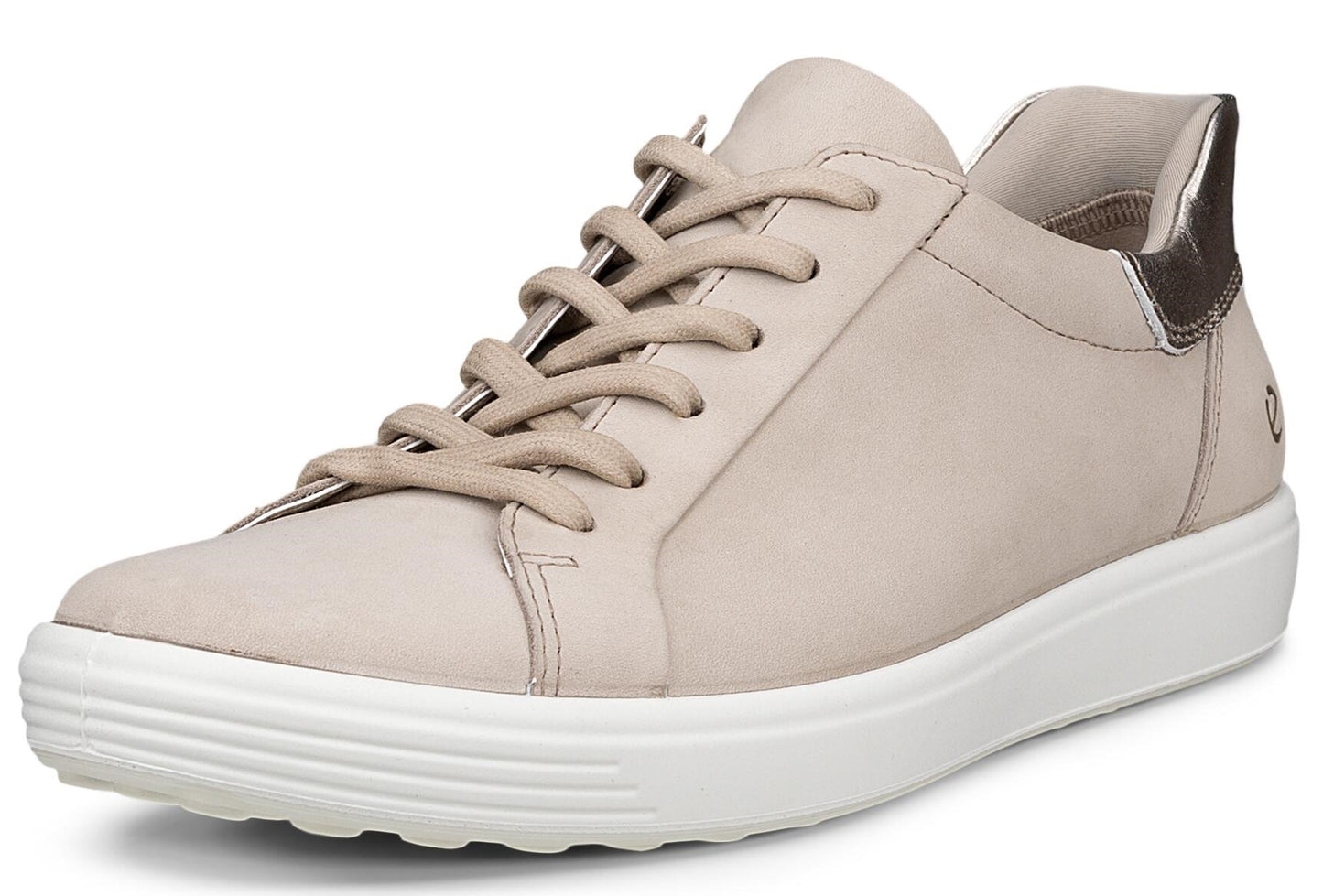 Low-top, lace-up sneaker with a beige leather upper and a white sole.