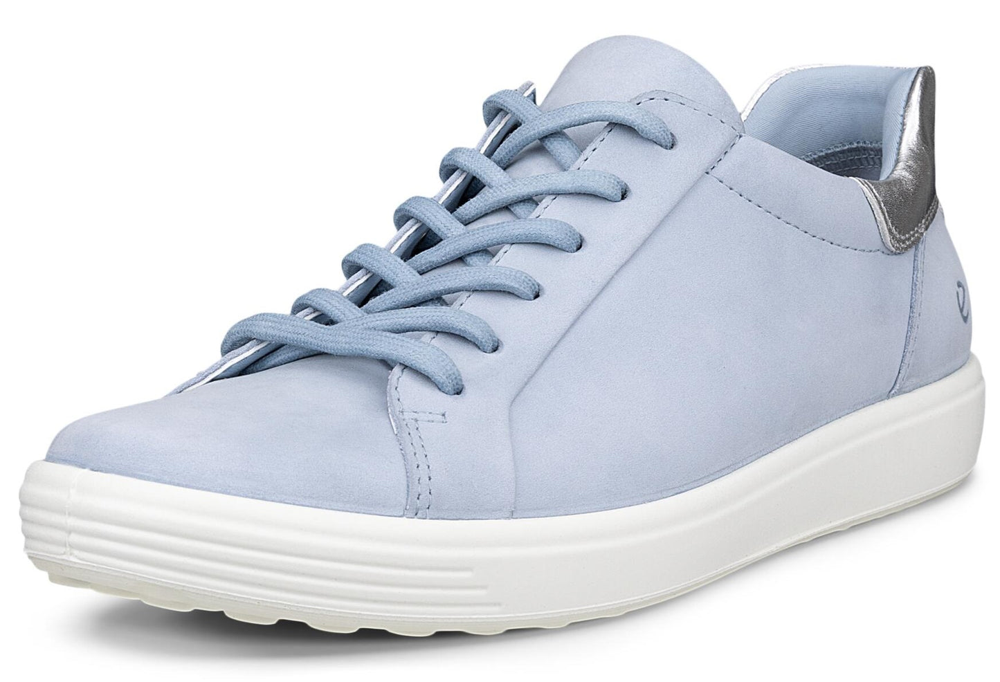 Low-top light blue sneaker with white rubber sole and silver heel.