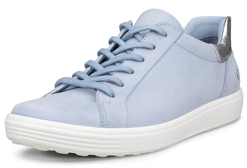 Low-top light blue sneaker with white rubber sole and silver heel.