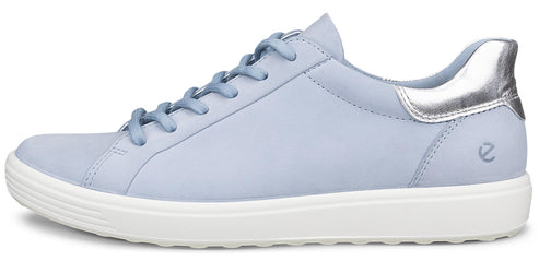 A light blue leather sneaker with white sole and silver back.