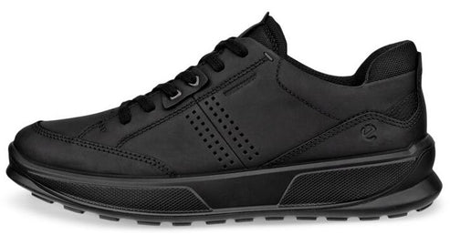 Black leather casual shoe with black laces and perforated detailing on the side.