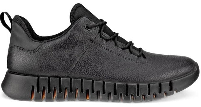 Black leather sneaker with black laces and a unique black sole with orange accents.