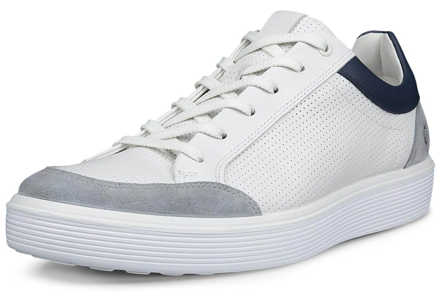 White leather sneaker with a gray suede toe and dark blue heel.