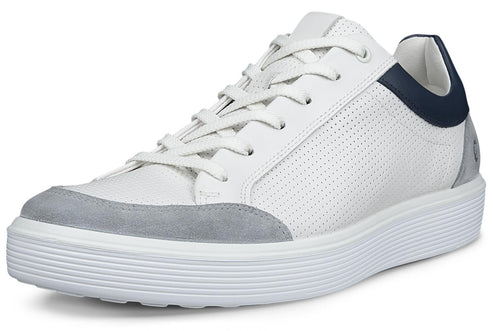 White leather sneaker with a gray suede toe and dark blue heel.