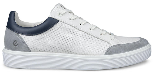 White leather sneaker with gray suede and navy blue accents.