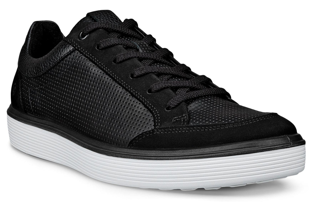 Black leather sneakers with a white sole and black laces.