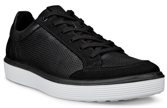 Black leather sneakers with a white sole and black laces.