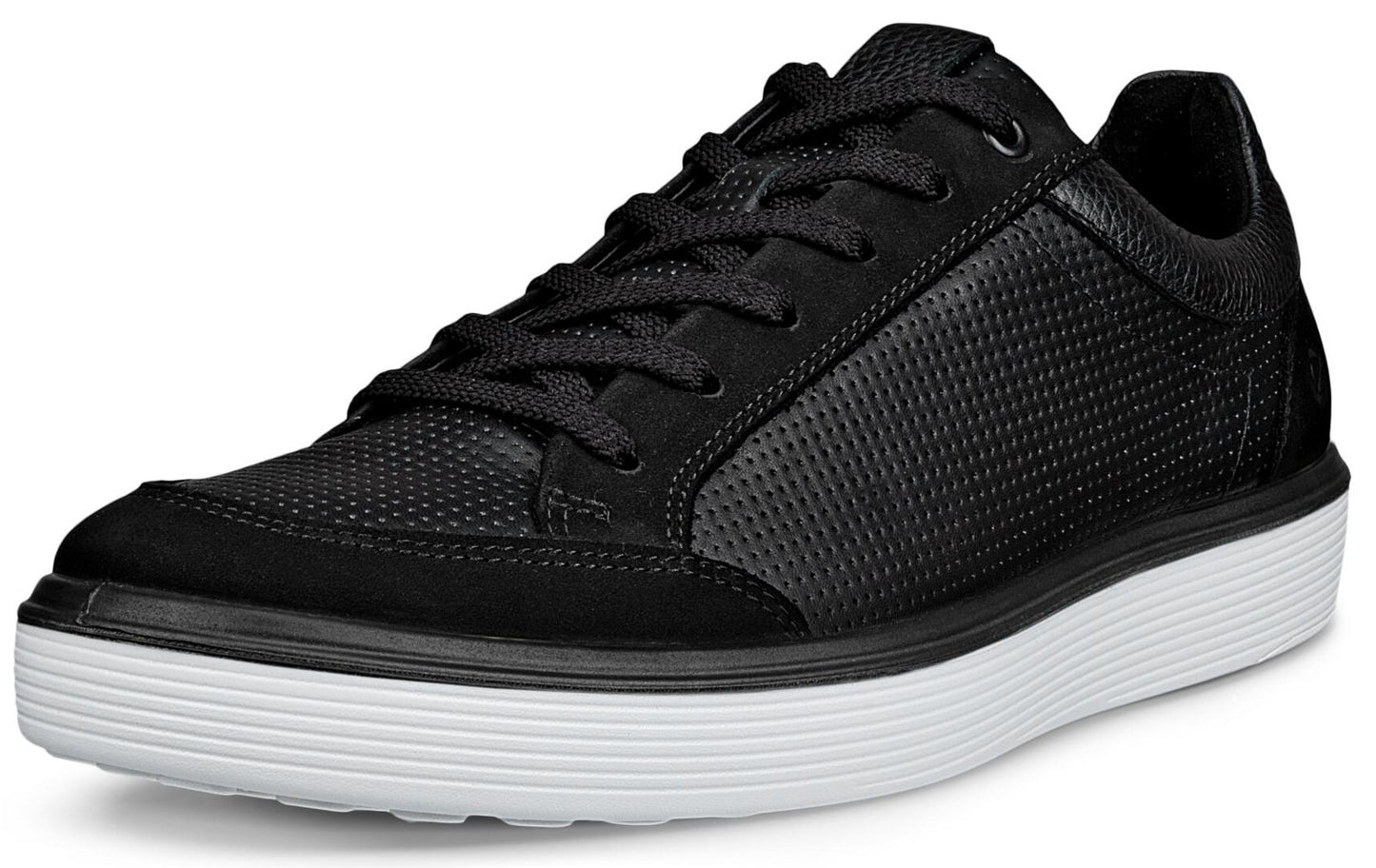 Black perforated leather sneaker with black laces and a thick white sole.