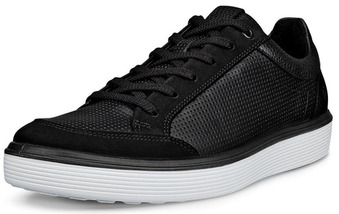 Black perforated leather sneaker with black laces and a thick white sole.