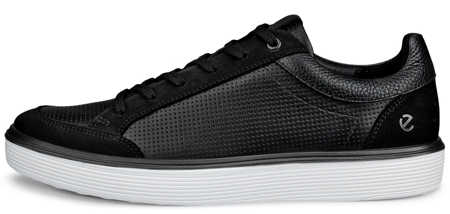 A black sneaker with a white sole.