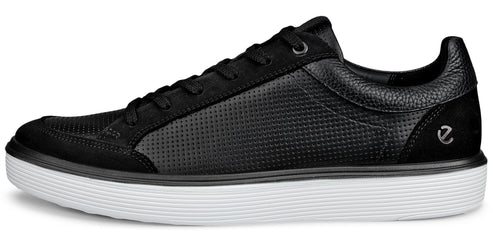 A black sneaker with a white sole.