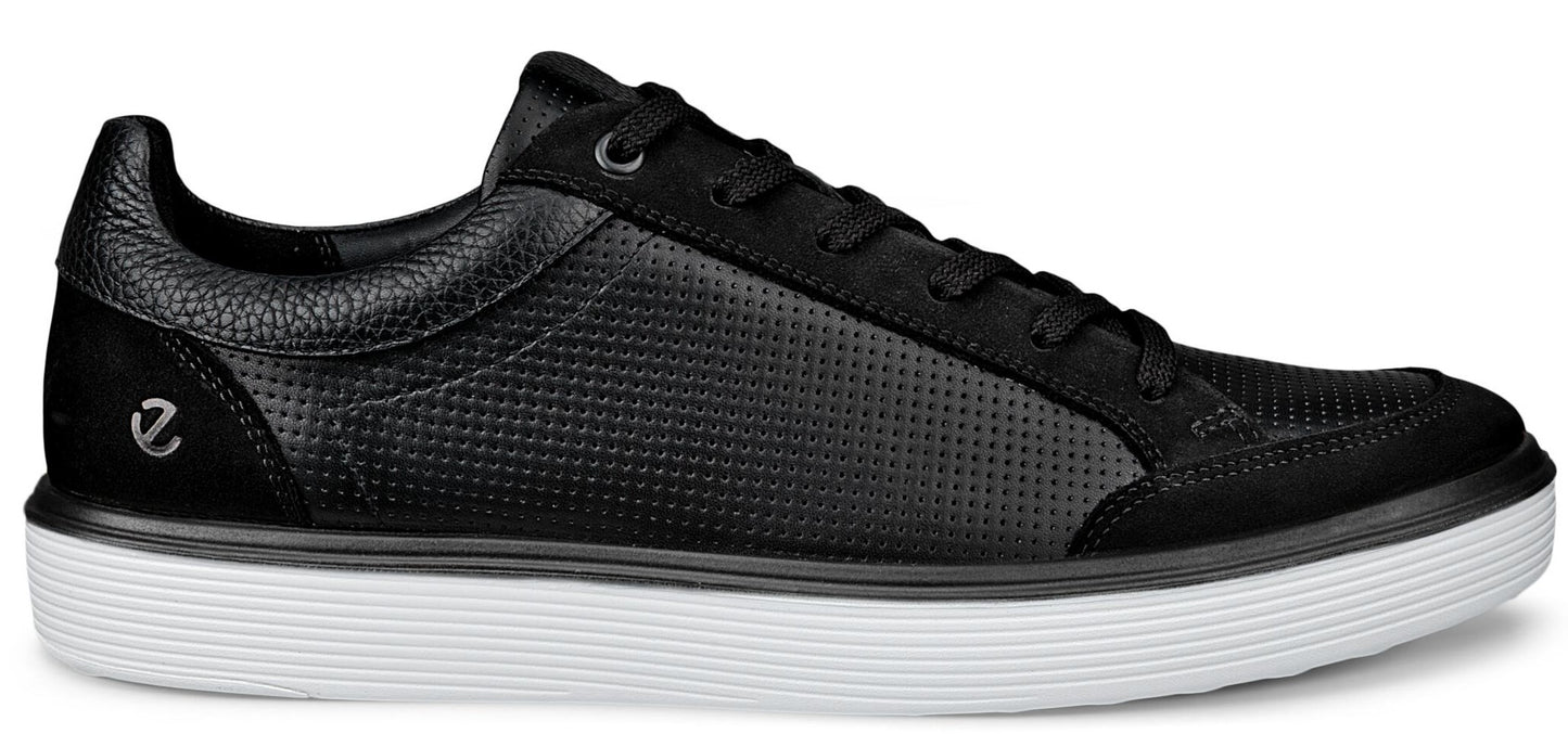 A black sneaker with a white sole.
