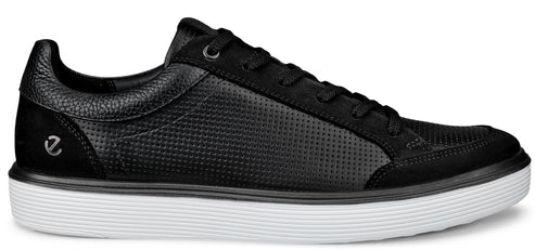 A black sneaker with a white sole.