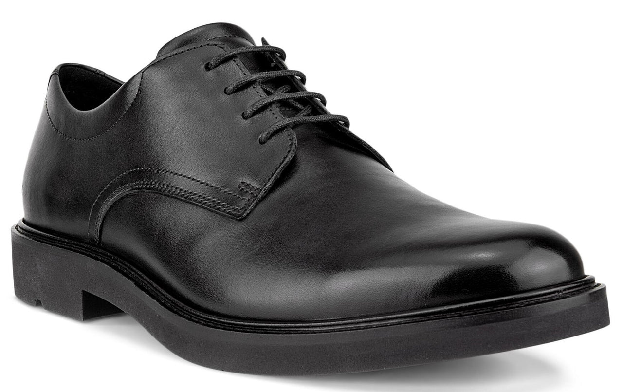 Black leather oxford dress shoe with a rounded toe and black laces.