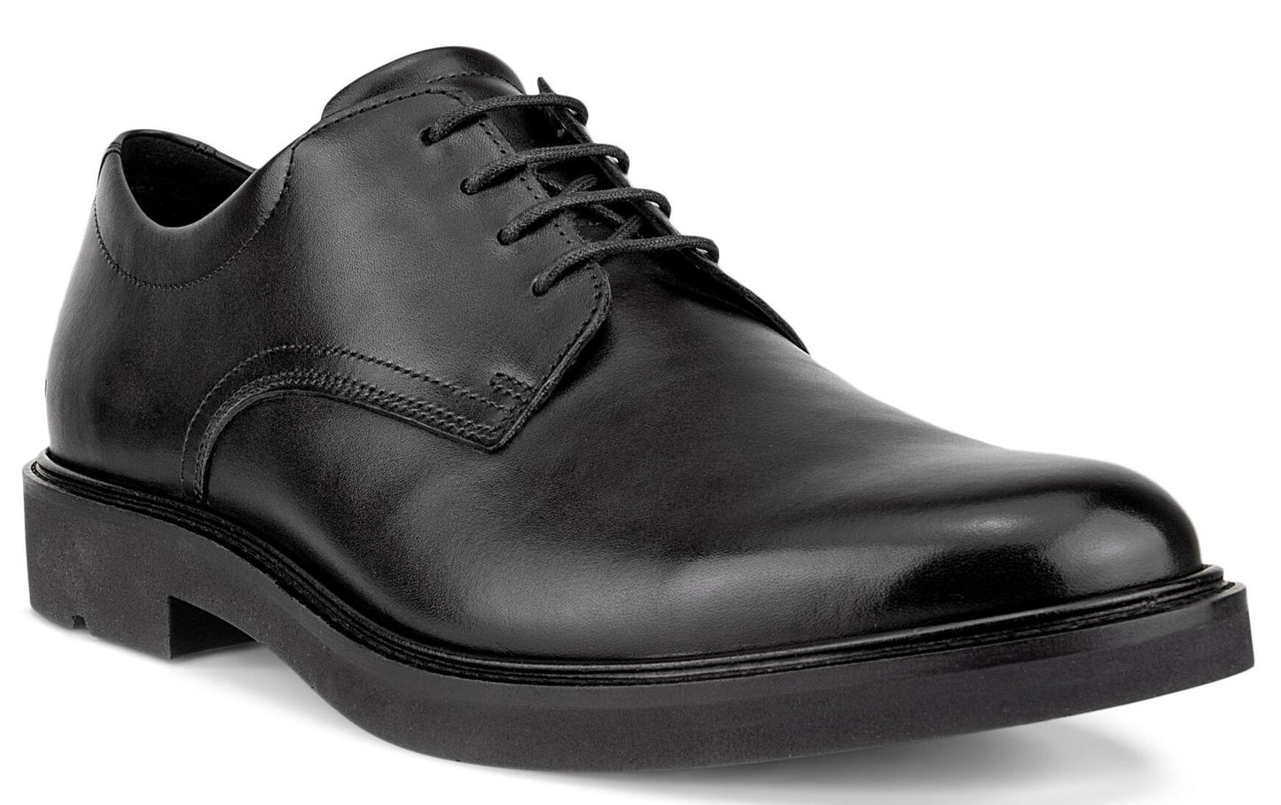 Black leather oxford dress shoe with a rounded toe and black laces.