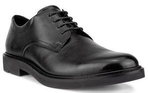 Black leather oxford dress shoe with a rounded toe and black laces.