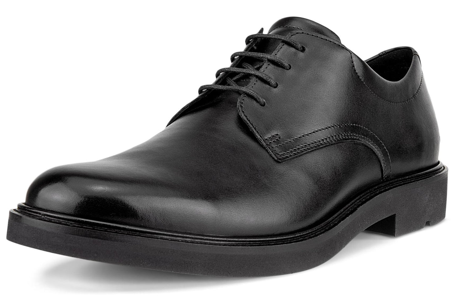 Black leather dress shoe with laces and a thick sole.