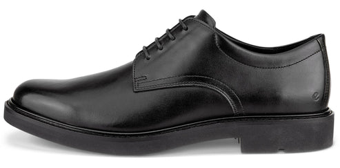 Black leather dress shoe with lace-up closure and round toe.