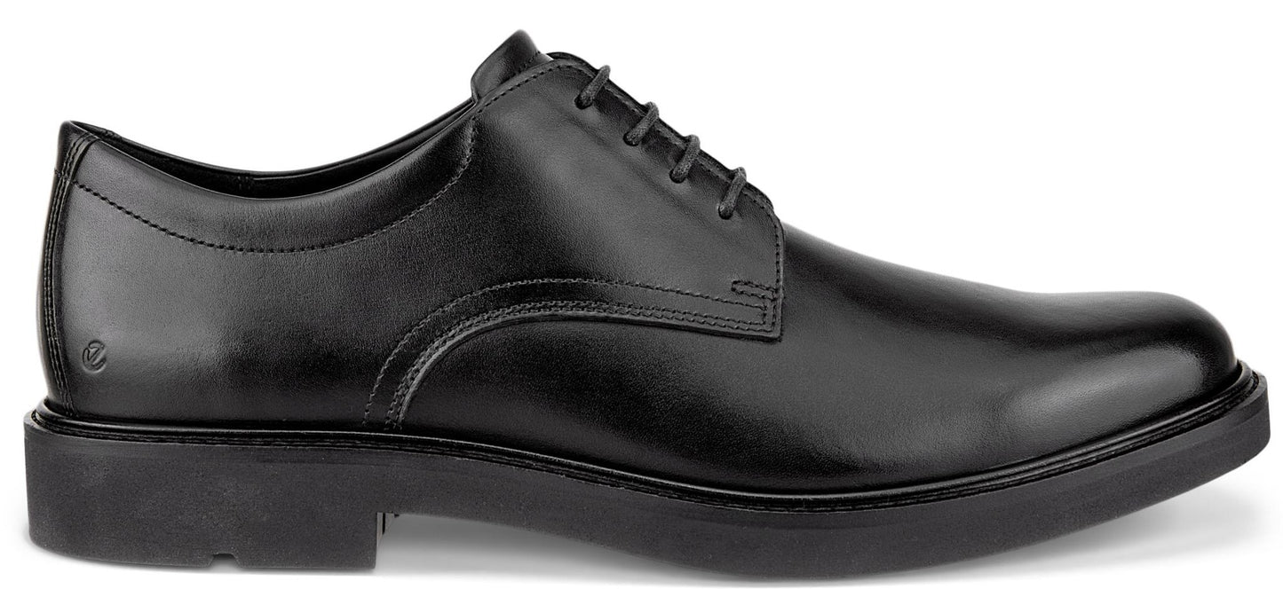 Black leather dress shoe with a lace-up closure.