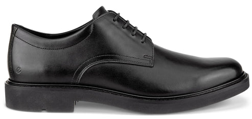 Black leather dress shoe with a lace-up closure.