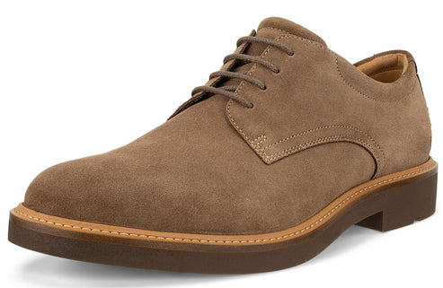 Taupe suede dress shoe with a rounded toe and brown sole.