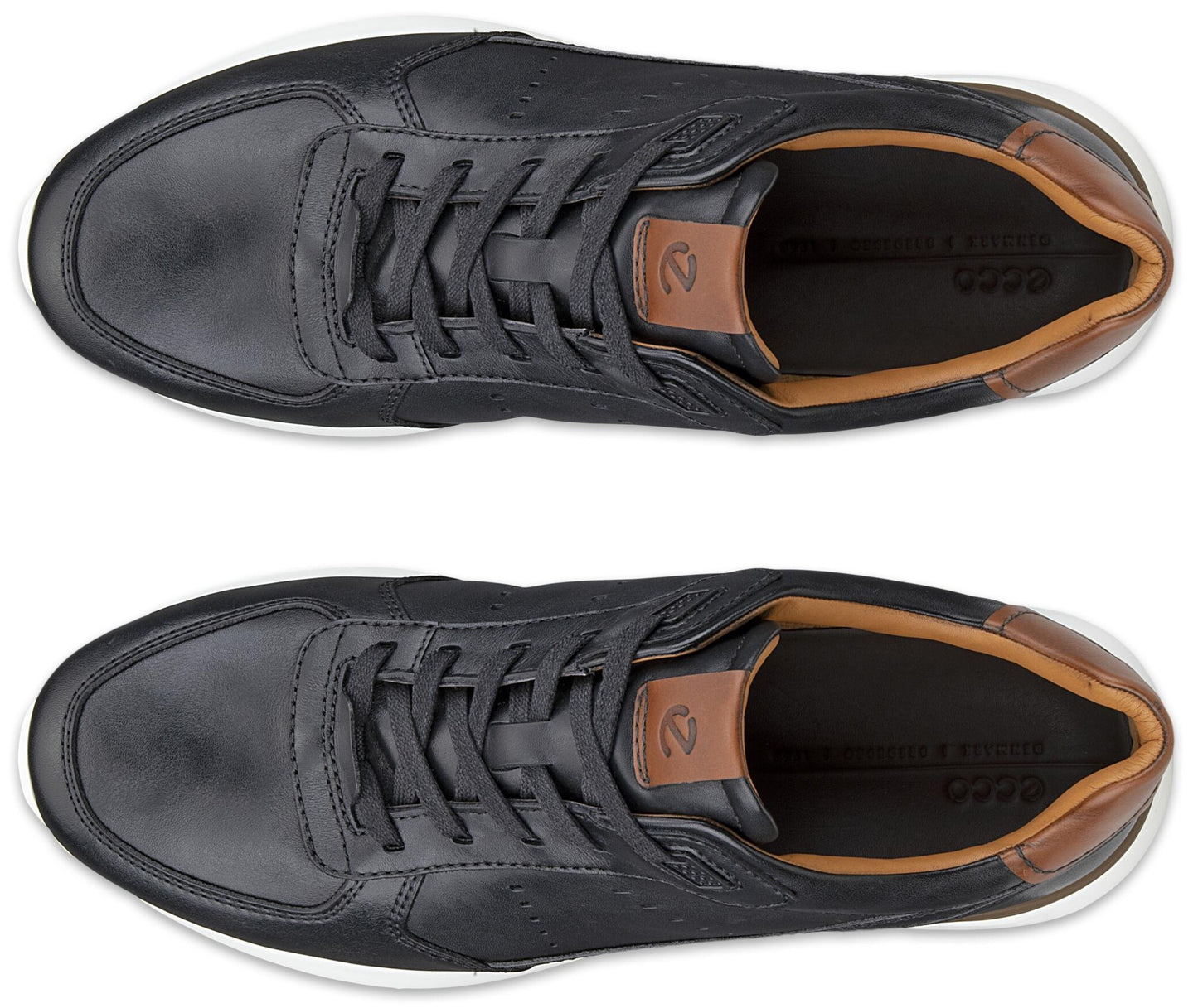 A pair of black leather sneakers seen from a top-down view, featuring brown leather accents on the tongue and heel, with black laces and a visible Ecco logo inside.