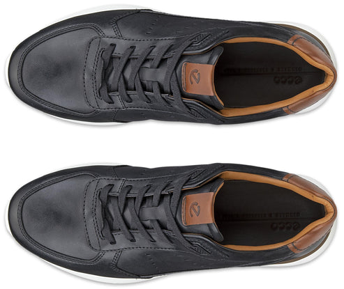 A pair of black leather sneakers seen from a top-down view, featuring brown leather accents on the tongue and heel, with black laces and a visible Ecco logo inside.