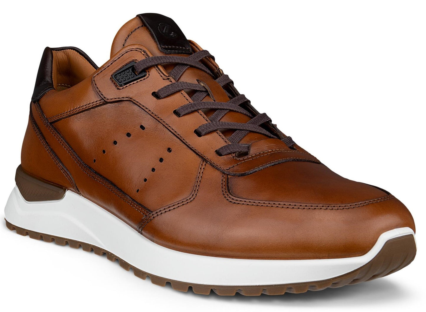 A brown leather low-top sneaker featuring dark brown laces, small side perforations, a thick white midsole, and a brown textured outsole.