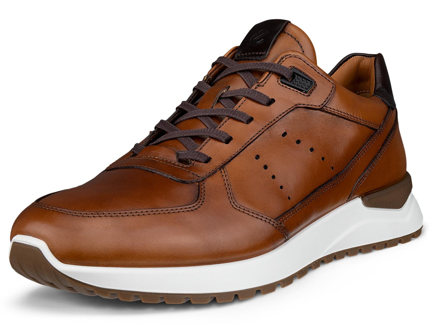 A brown leather casual sneaker with a thick white midsole and a brown rubber outsole, featuring brown laces and a perforated side panel.