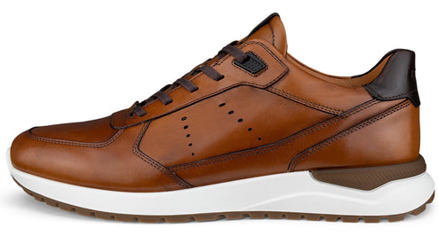 A brown leather sneaker featuring a white midsole, a brown heel tab, and brown laces, viewed from the side against a white background.