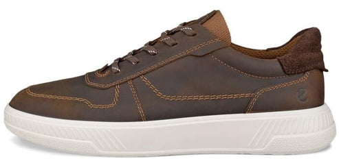 A brown leather sneaker with white rubber sole.