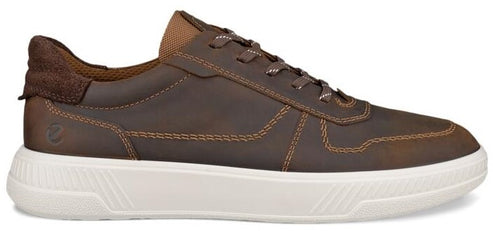 Brown leather sneaker with a white sole.