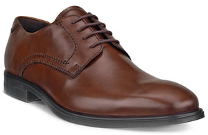 Brown leather dress shoe with a lace-up closure and a low heel.