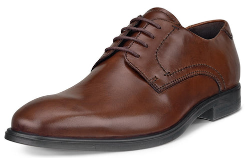 Brown leather dress shoe with lace-up closure and low block heel.