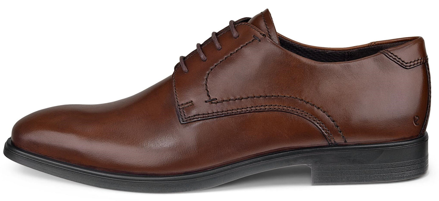 A brown, lace-up dress shoe.