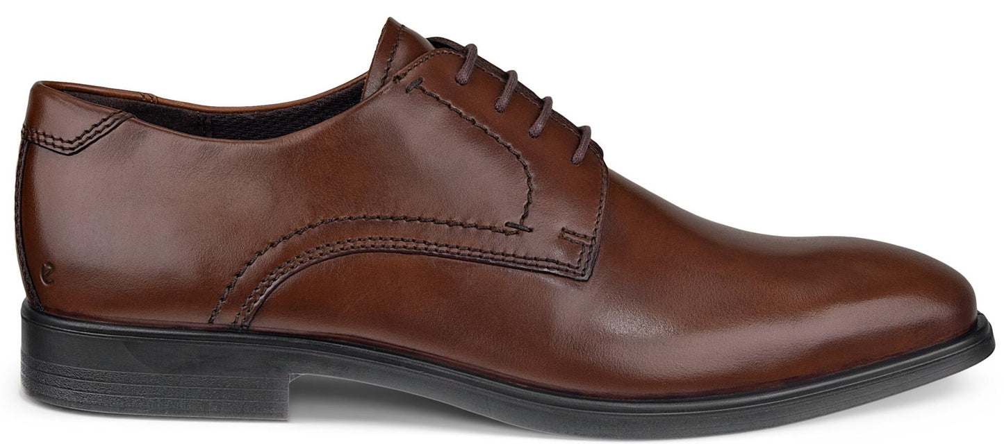 Brown leather dress shoe with laces and a black sole.
