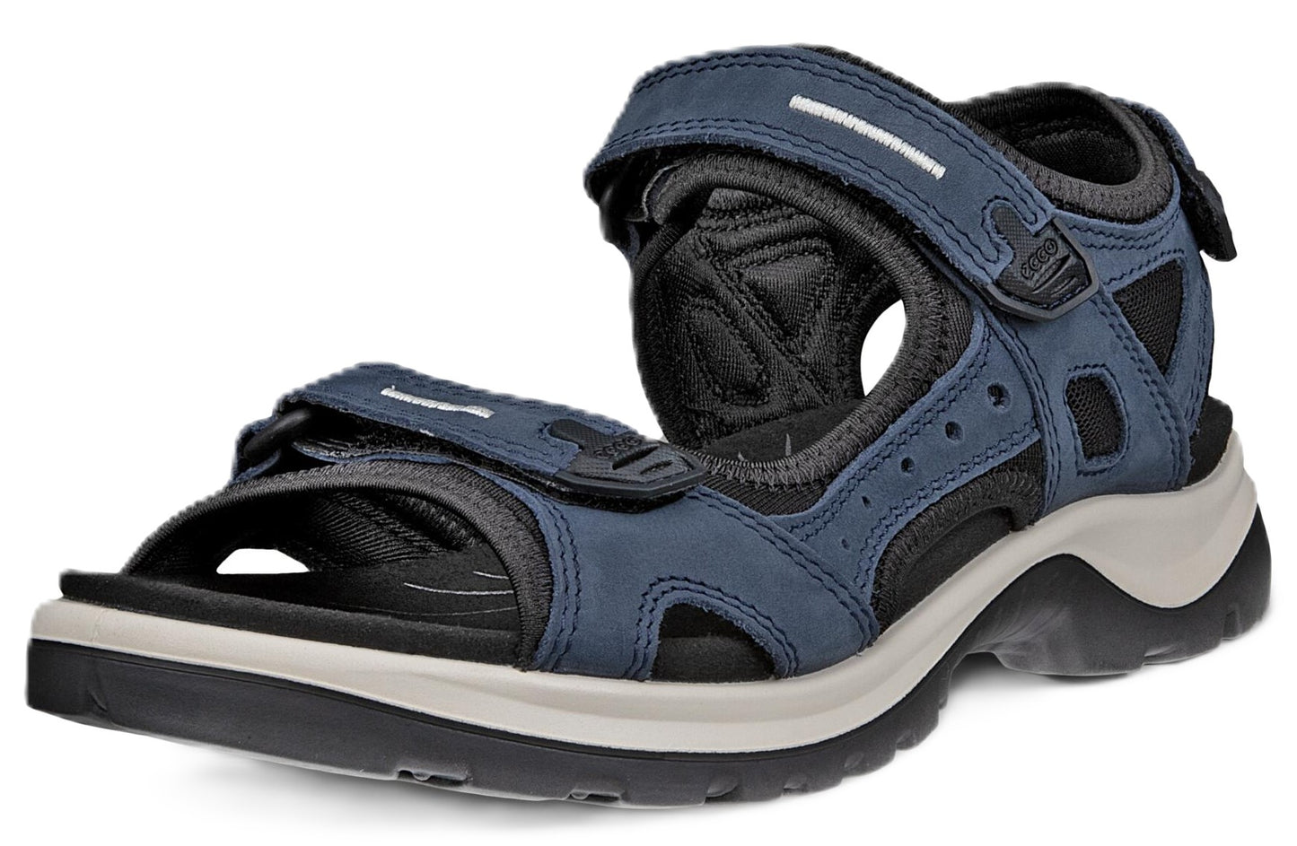 A blue sandal with black and white accents and velcro straps.