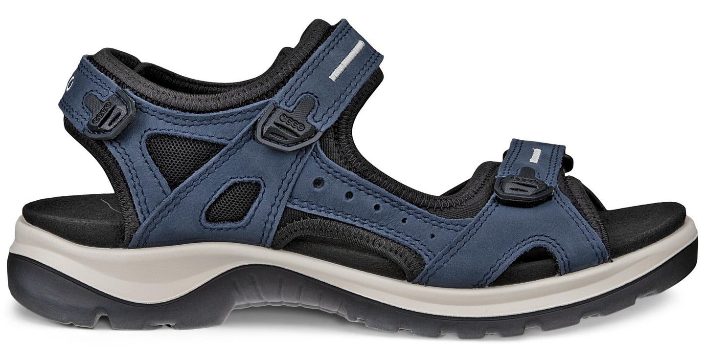 Navy blue and black sandal with adjustable velcro straps.