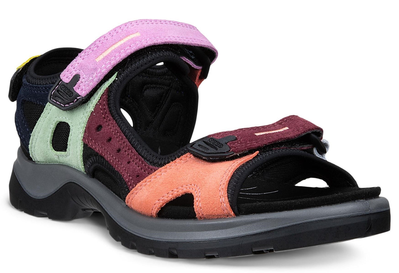 Open-toed sandal with multiple color-blocked hook and loop straps, including black, light green, pink, and maroon.