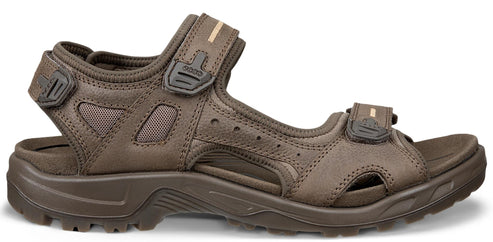 A brown sandal with adjustable straps.