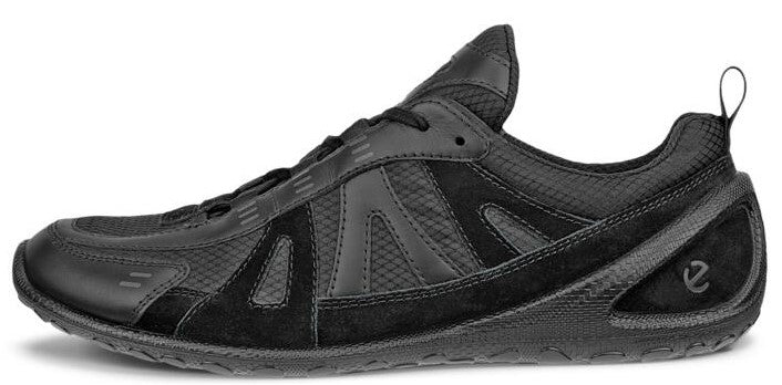 Black running shoe with a low profile sole and lace-up closure.