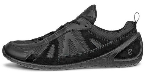 Black running shoe with a low profile sole and lace-up closure.