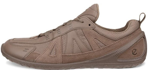 Brown running shoe with lace-up closure and suede accents.
