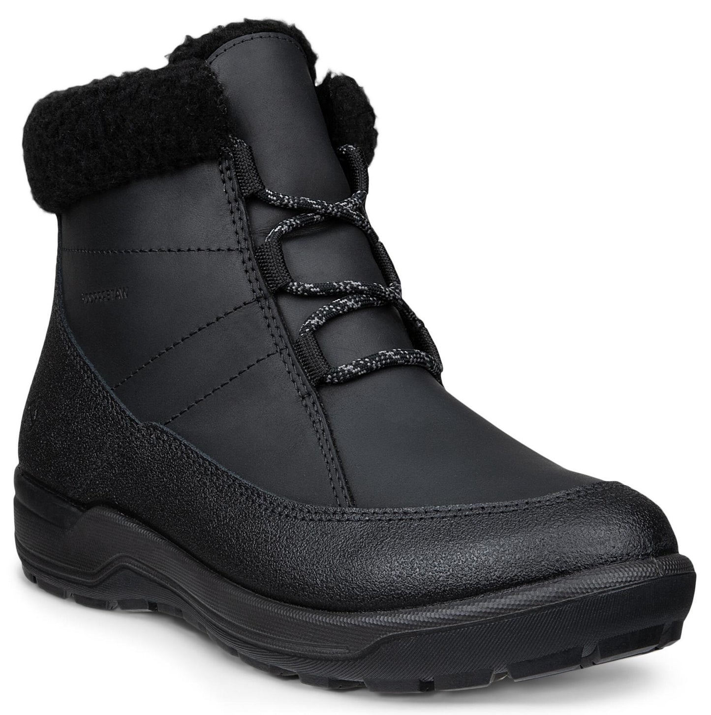 A black waterproof winter ankle boot with a faux-fur lined collar, toggle-style laces, and a textured rubberized sole and toe cap.