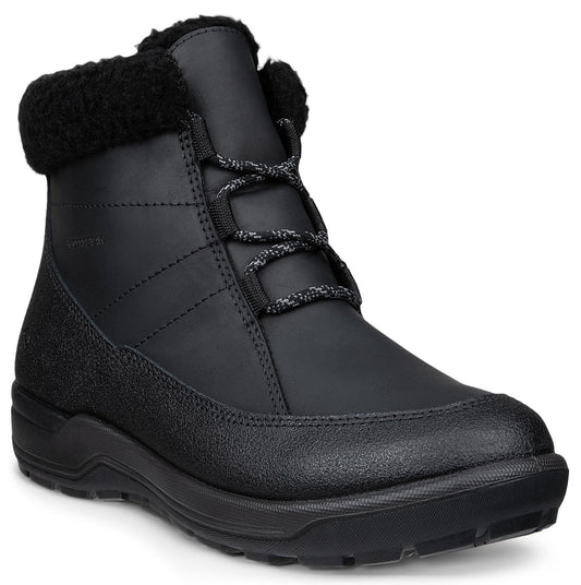 A black waterproof winter ankle boot with a faux-fur lined collar, toggle-style laces, and a textured rubberized sole and toe cap.