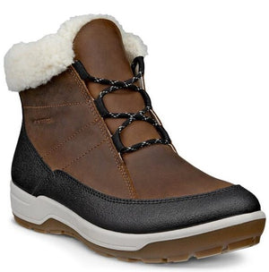 Brown ankle-high boot with a black trim, white faux fur collar, and lace-up closure.