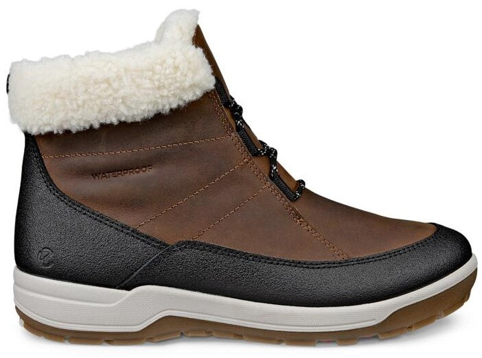 Brown waterproof ankle boot with white faux shearling cuff, black lower and white midsole.
