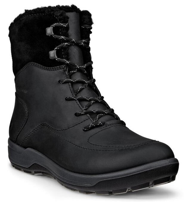 A black lace-up boot with faux fur trim at the top.