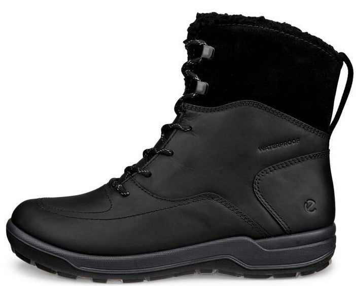 Black leather waterproof lace-up boot with faux fur trim