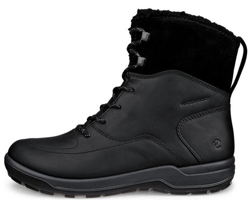 Black leather waterproof lace-up boot with faux fur trim